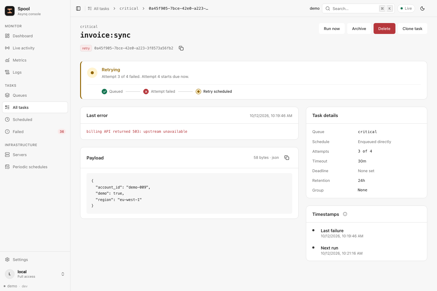 Spool task inspection in light mode showing an invoice task's JSON payload, billing error, retry state and available actions