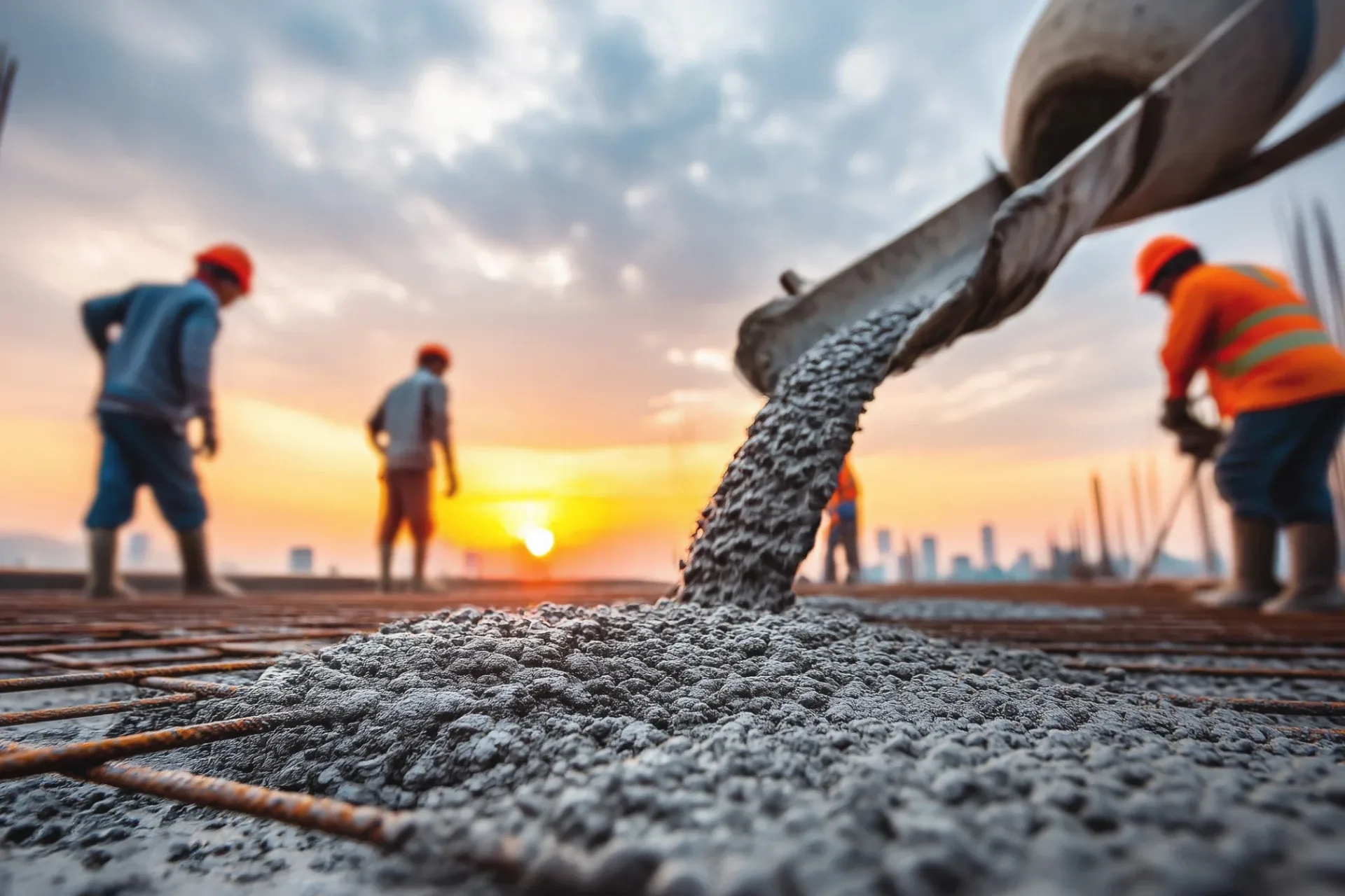Equipo de construcción vaciando concreto en obra