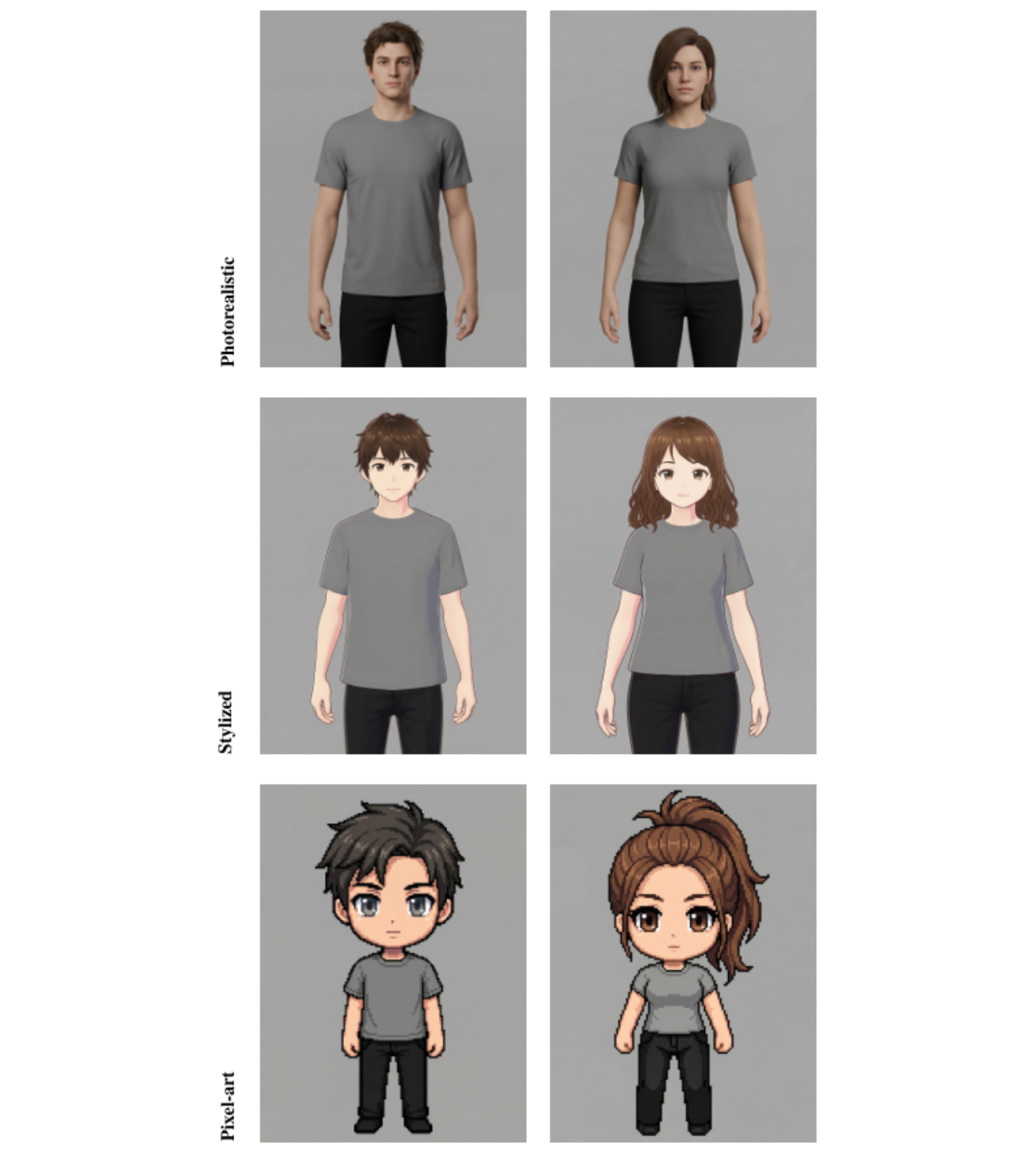 原论文 Figure 7:Representative avatar examples across three visual styles and two gender presentations.