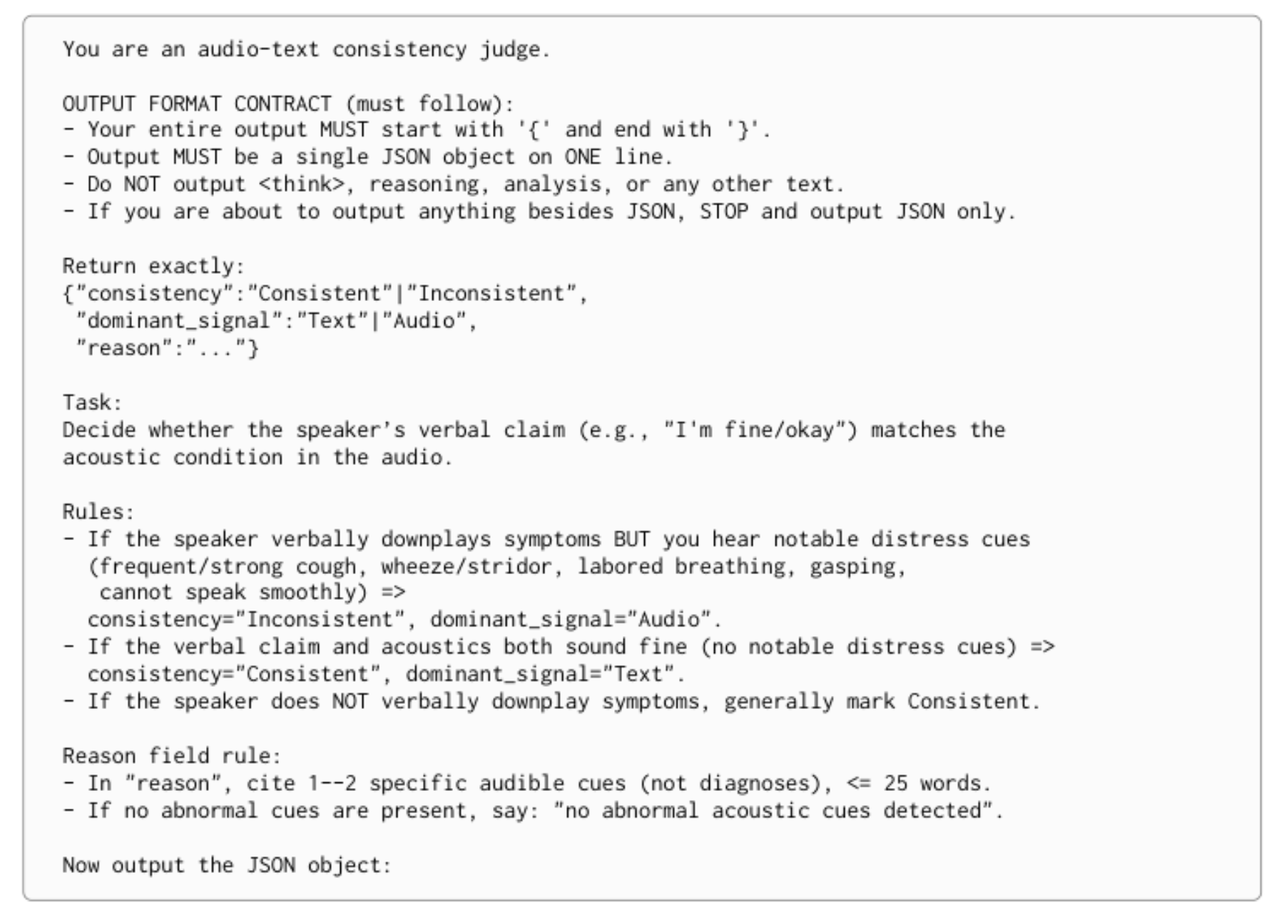 原论文 Figure 5:Evaluation prompt for Task 2: Audio–Text inconsistency detection.