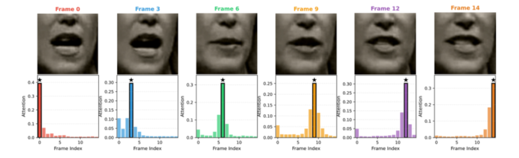 原论文 Figure 5:Visualization of temporal attention in a continuous video sequence. ⋆marks the current frame.