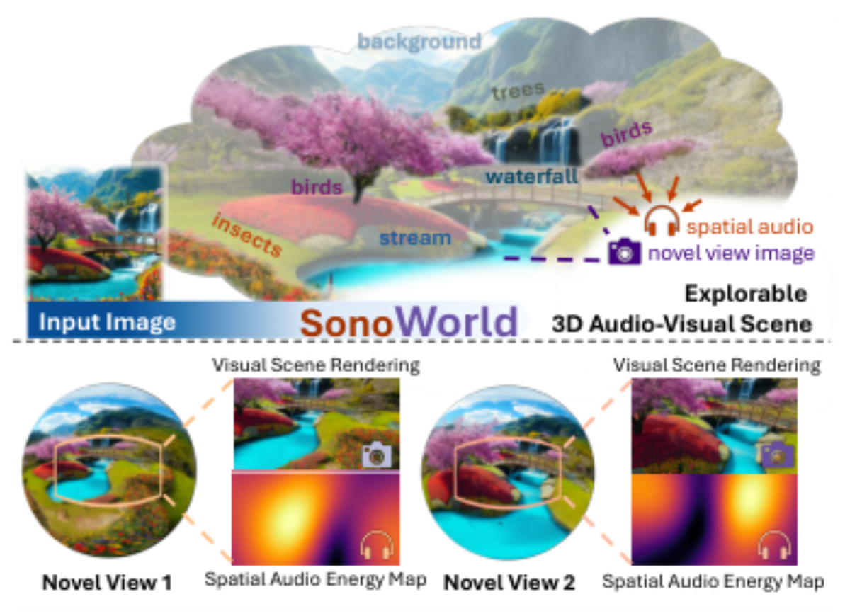 原论文 Figure 1:From one image, SONOWORLD generates an explorable 3D audio-visual scene, where you can navigate…