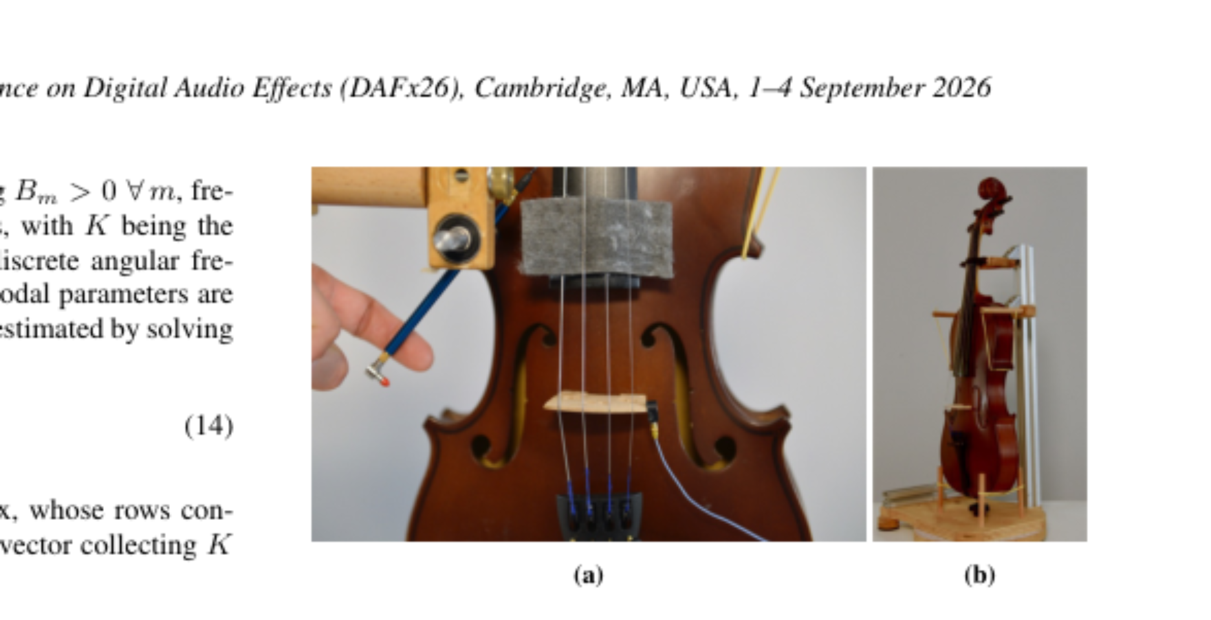 原论文 Figure 1:Bridge admittance measurement setup. (a) Detail of the dynamometric hammer; (b) violin in place.