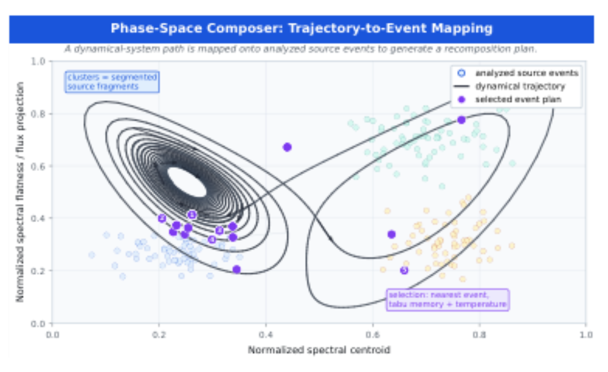 原论文 Figure 3:Phase-Space Composer: sound events mapped as points in feature space (centroid × flatness/flux),…
