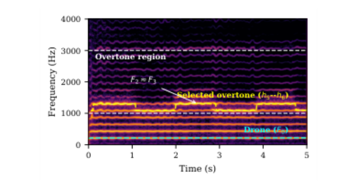 原论文 Figure 1:Spectrogram of a sygyt performance: h5–h6 overtone selection.