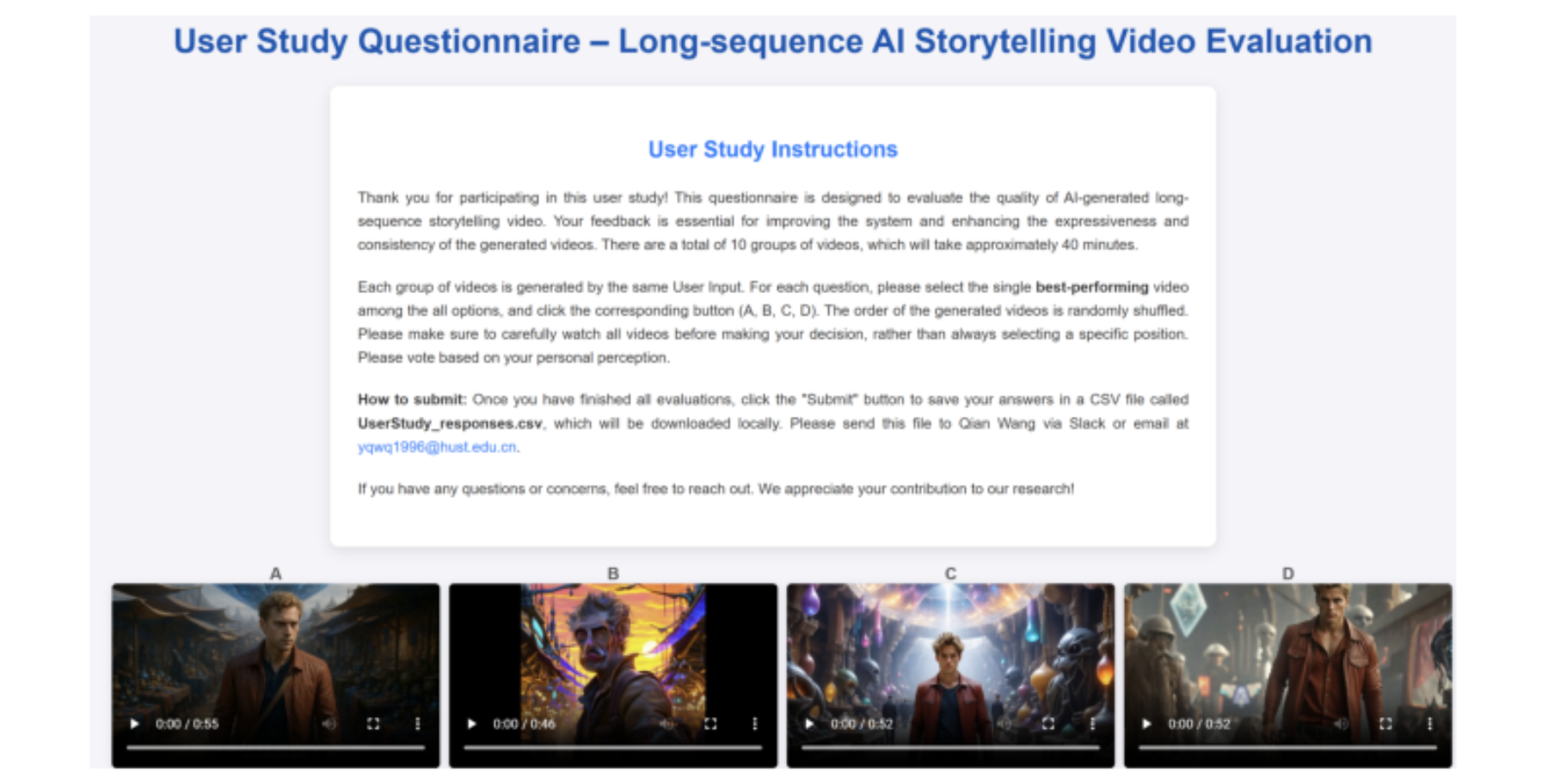原论文 Figure 6：Screenshot of the user study HTML interface with instructions and generated video candidates.