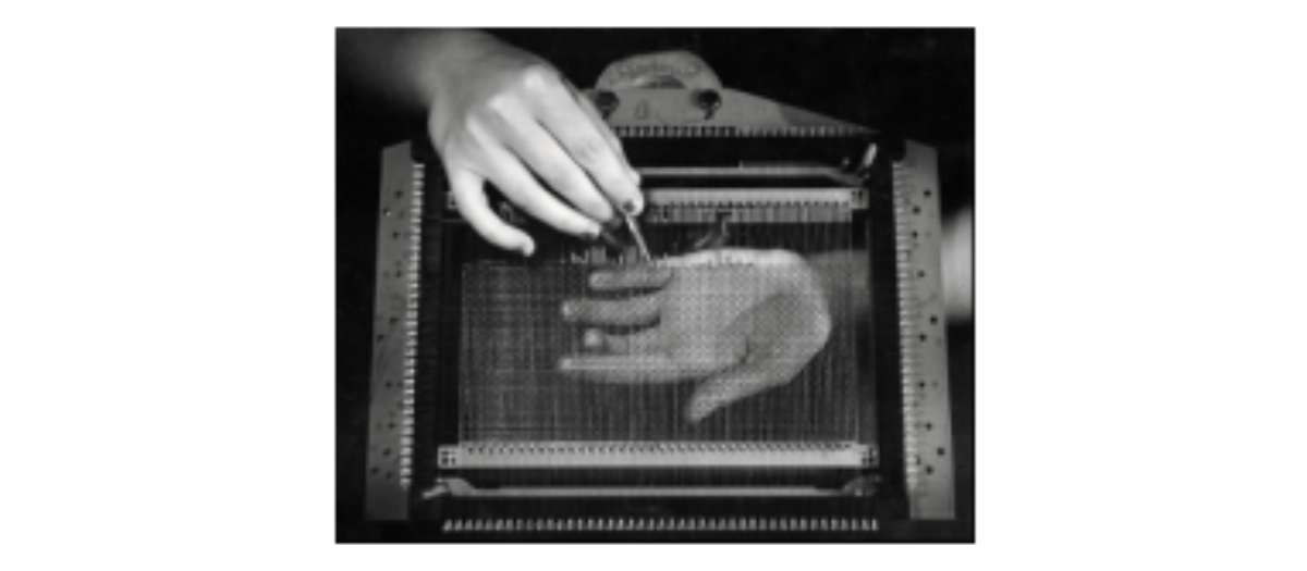 原论文 Figure 5:‘Hands weaving magnetic-core memory, IBM, Poughkeepsie, New York,’ 1956. Photograph by Ansel Adams.