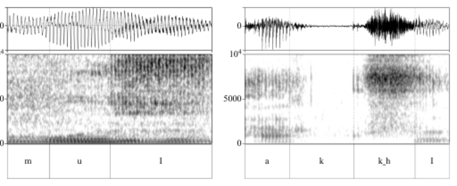 原论文 Figure 1:Formes d’onde et spectrogrammes des mots /muI/ et /akI/.