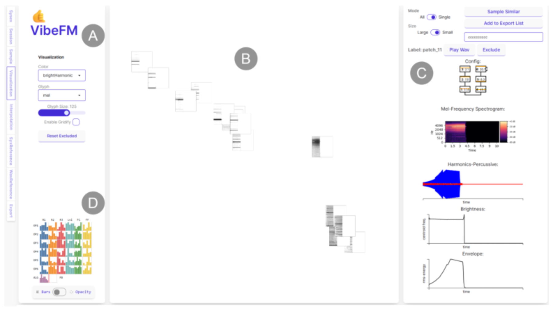 原论文 Figure 1:VibeFM’s interface to explore FM synthesis configurations: A) Menu for sampling, exports, and…