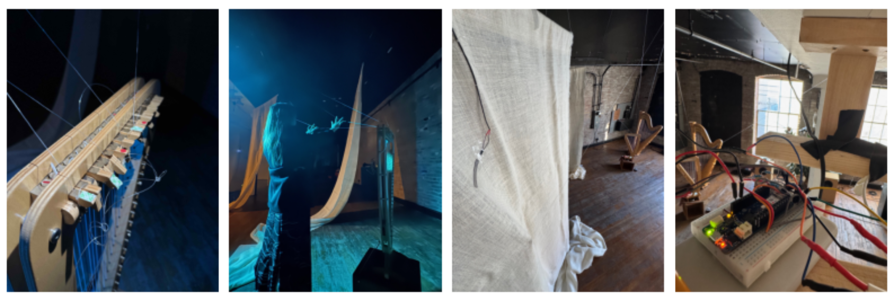 原论文 Figure 2:Augmented Harp-E structure: (a) the lever micro-tonal system on Harp-E and fishing lines on the…