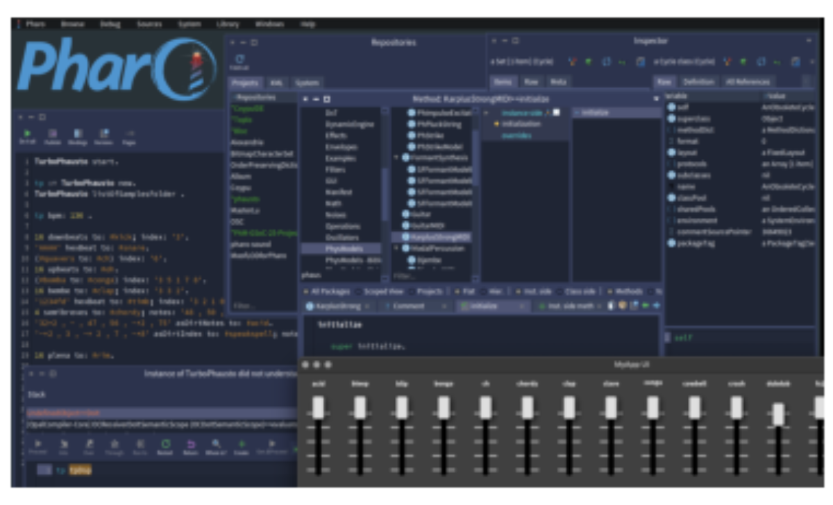 原论文 Figure 1:Pharo14 IDE with the most relevant tool for live coding music, including a mixer UI made with Bloc.