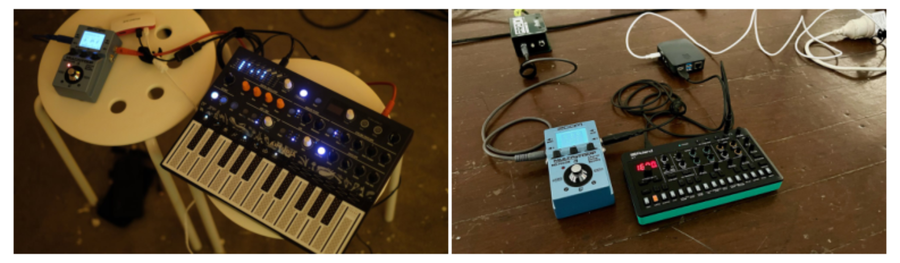 原论文 Figure 5:Stage setups with an Arturia MicroFreak synthesiser (left) and Roland S-1 (right).