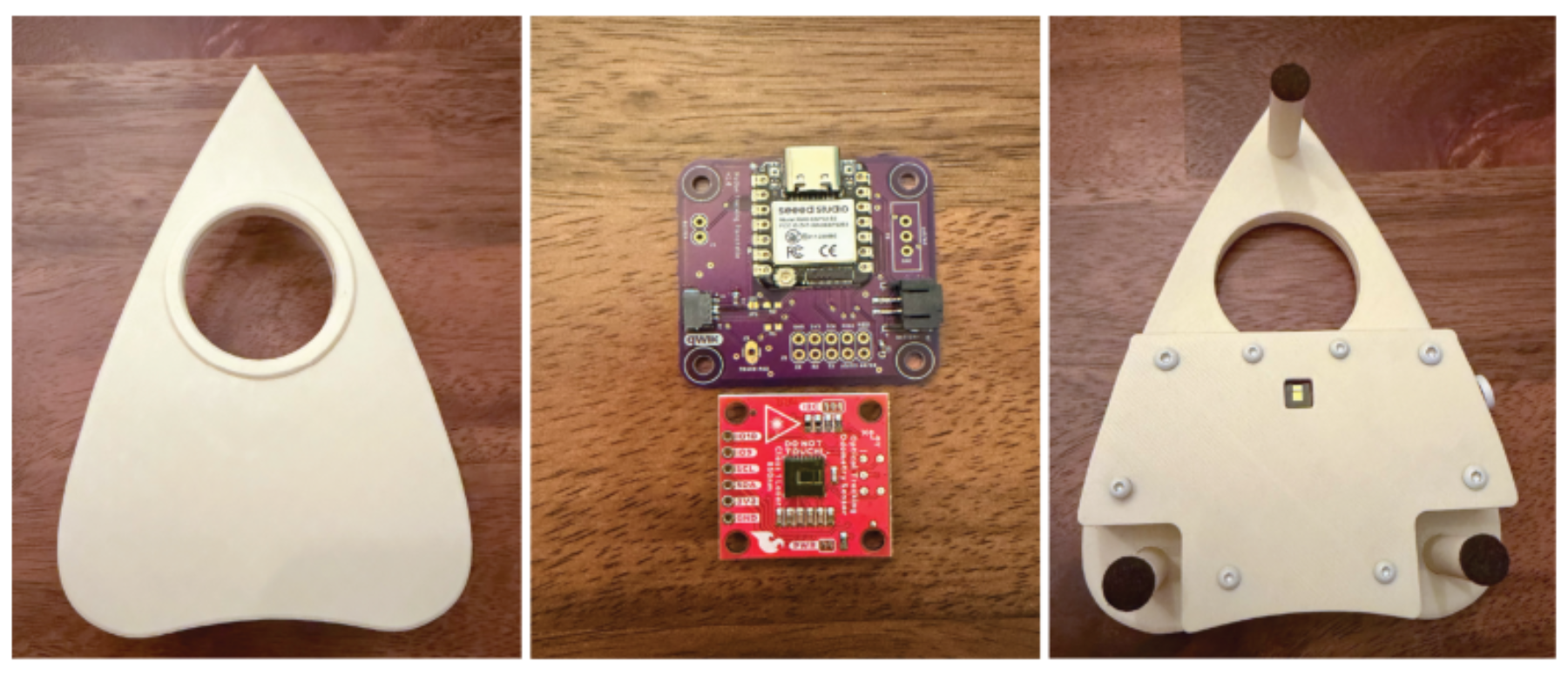 原论文 Figure 5:Components of the planchette interface: custom carrier board (center top), optical tracking…
