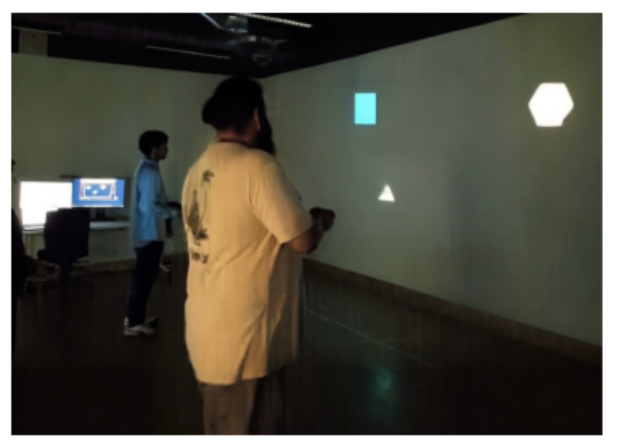 原论文 Figure 4:Three performers simultaneously projecting dis- tinct geometric shapes (square, triangle,…