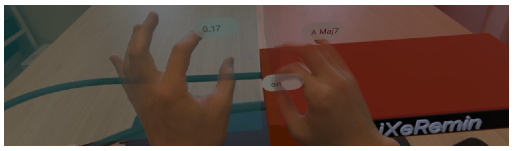 原论文 Figure 1:Performing iXeRemin in mixed reality: playing an A major 7 chord through spatial hand gestures.