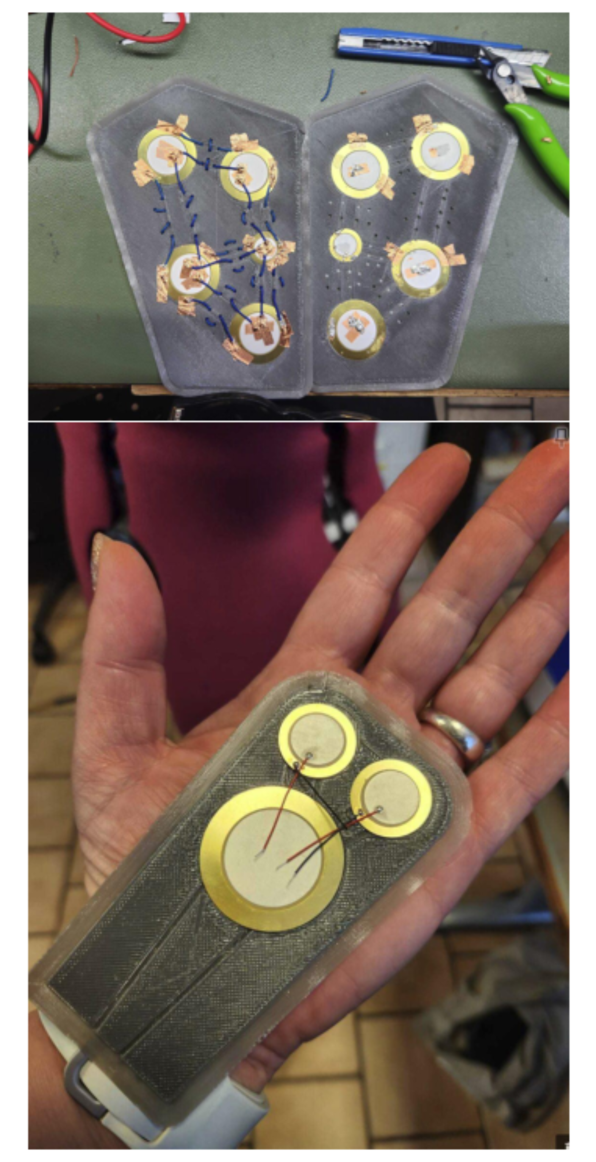 原论文 Figure 5:Substrates with sensors. Vest substrate (top), glove substrate (bottom).