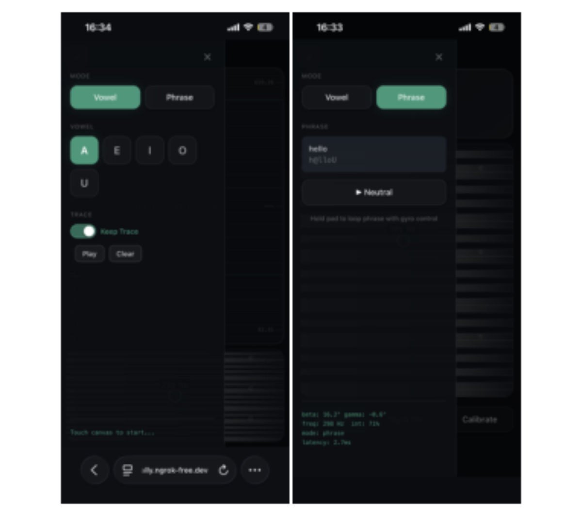 原论文 Figure 2:Expanded menu of control options for the Draw interface in vowel output mode (left) and Gyro…