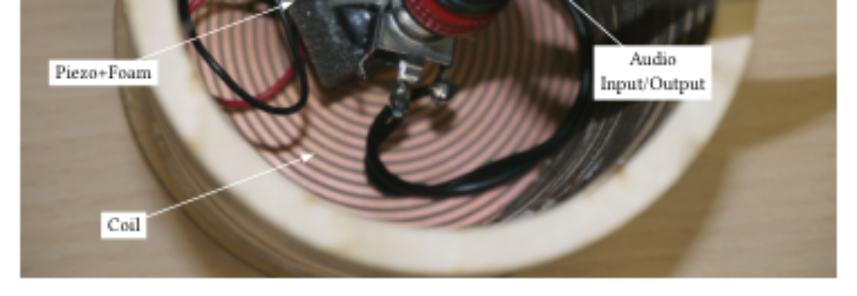原论文 Figure 3:Initial instrument. Top: laser-cut resonance box and engraved membrane with coil.