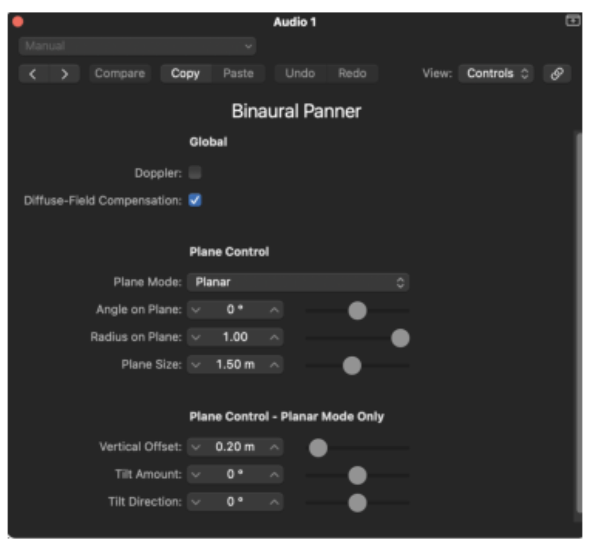原论文 Figure 1:Logic Pro Binaural Panner plug-in, Controls View