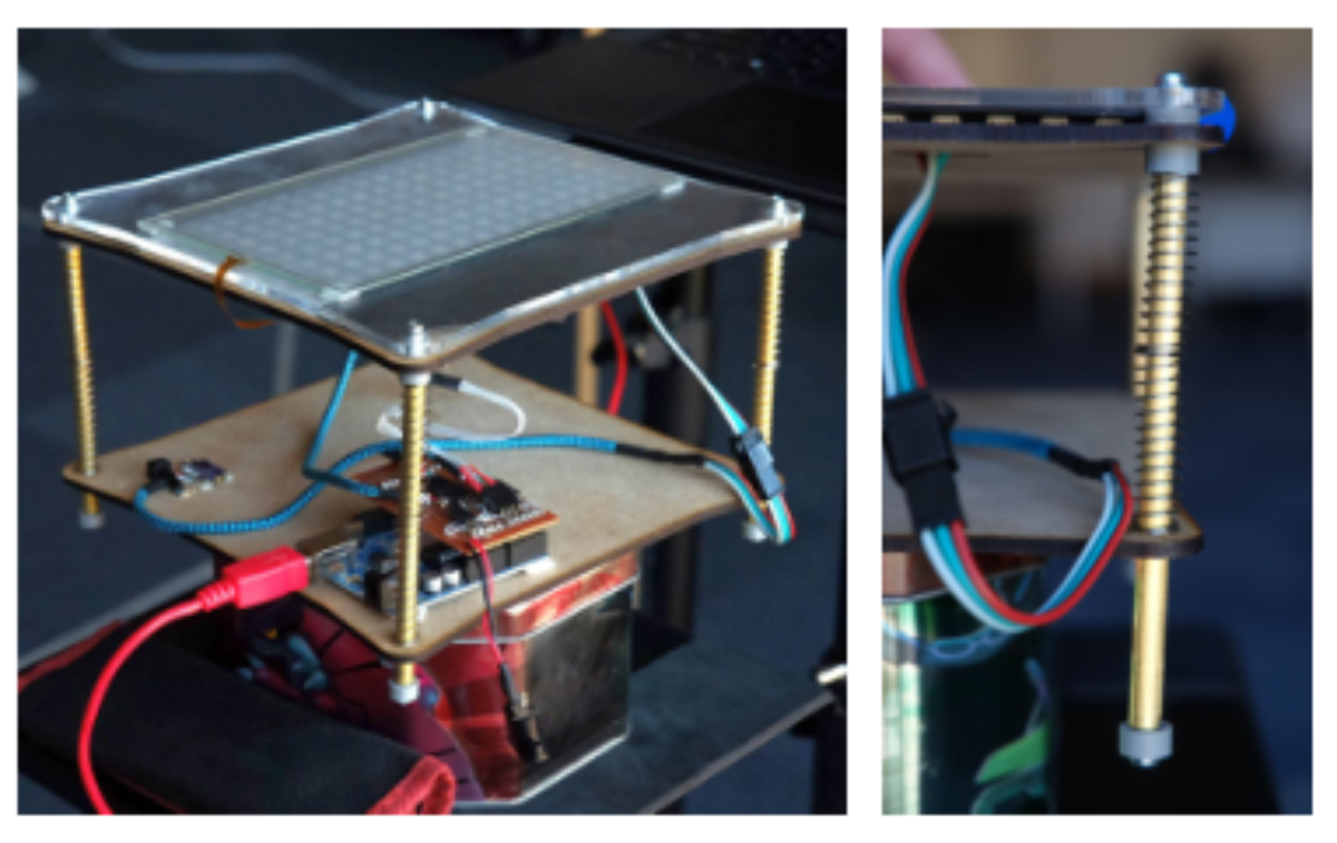 原论文 Figure 2:Overall view of the device (left) and detail of the spring suspension system for the moving…