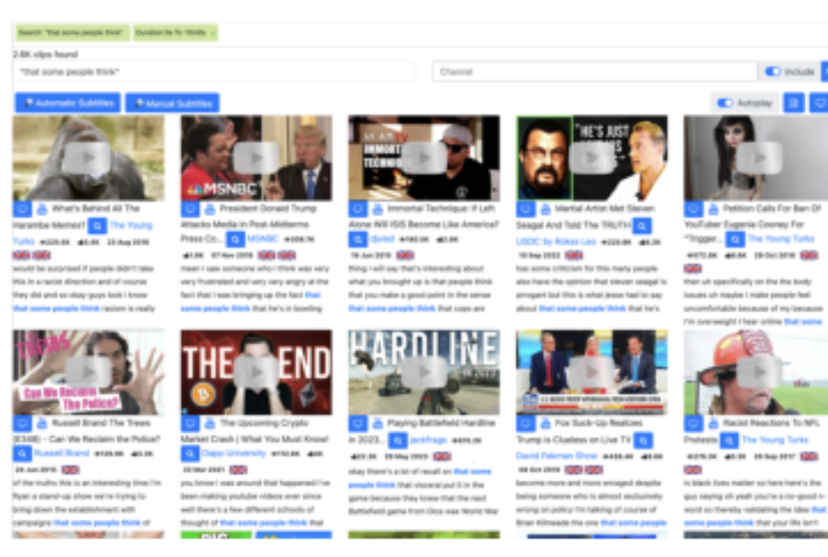 原论文 Figure 1:Result display for a search for that+some+people+think at filmot.com, limited to videos of length…