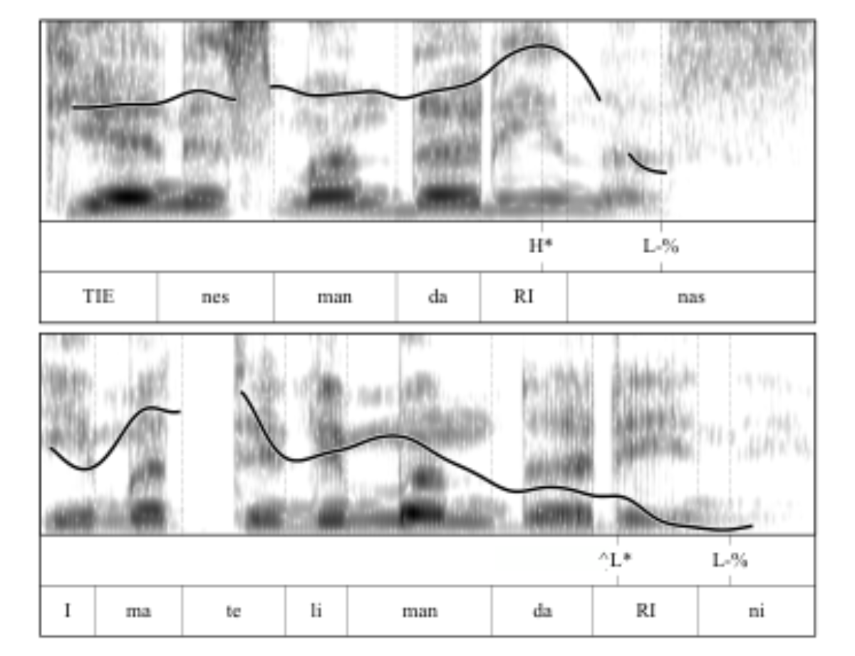 原论文 Figure 1:YNQ “Do you have tangerines?” in BJS (top) and BG (bottom) by a male bilingual speaker from Sofia.