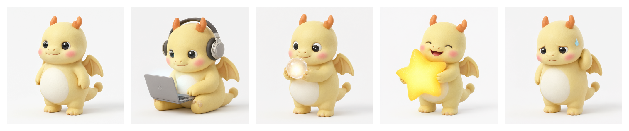 The same small dragon in five states: at rest, working, waiting, pleased, sorry