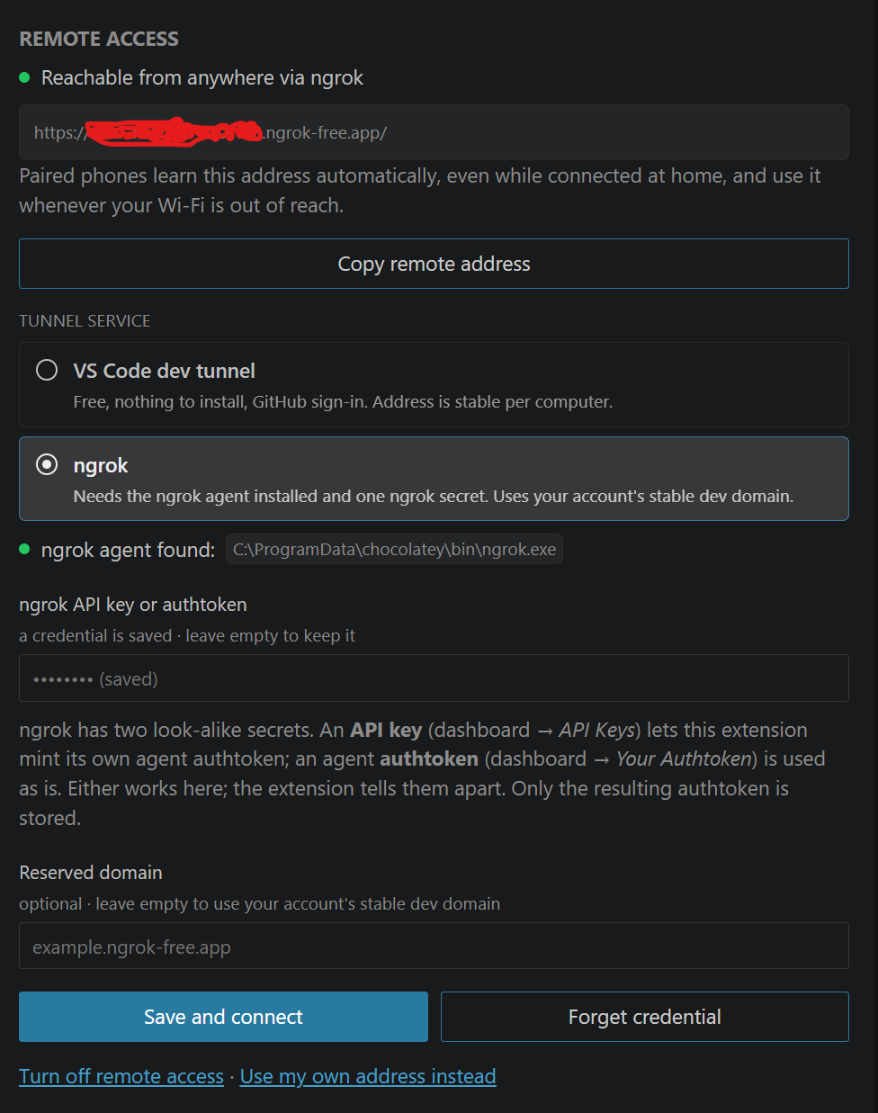 ngrok tunnel configured in the sidebar