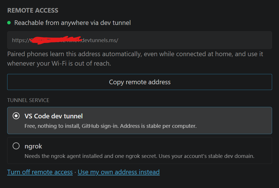 Remote access through a VS Code dev tunnel