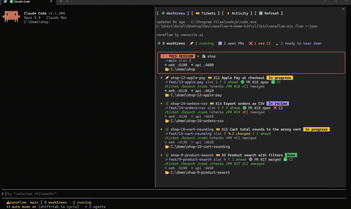 nanoflow in Claude Code: the agent picks up the dark mode ticket, which gets its own worktree and ports, writes the change, runs the checks and opens a PR. The pane beside the chat shows every worktree with its ticket, board column, PR, CI and ports, and updates live as CI goes green, the PR merges and the worktree is torn down