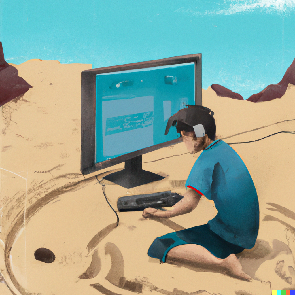 Digital illustration of a character who is coding in a sandbox located in a remote location