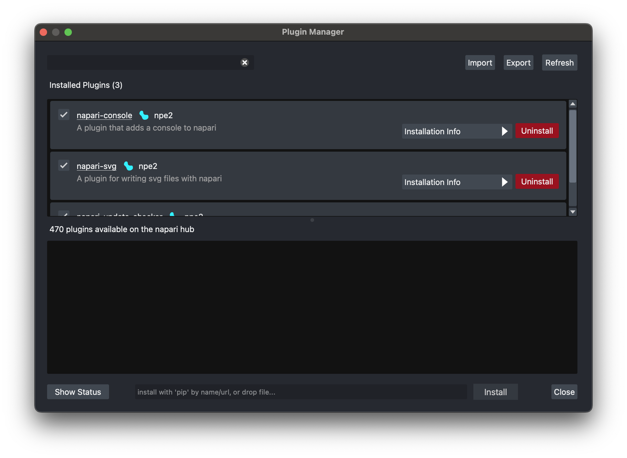 Screenshot of the napari-plugin-manager showing the process of import/export