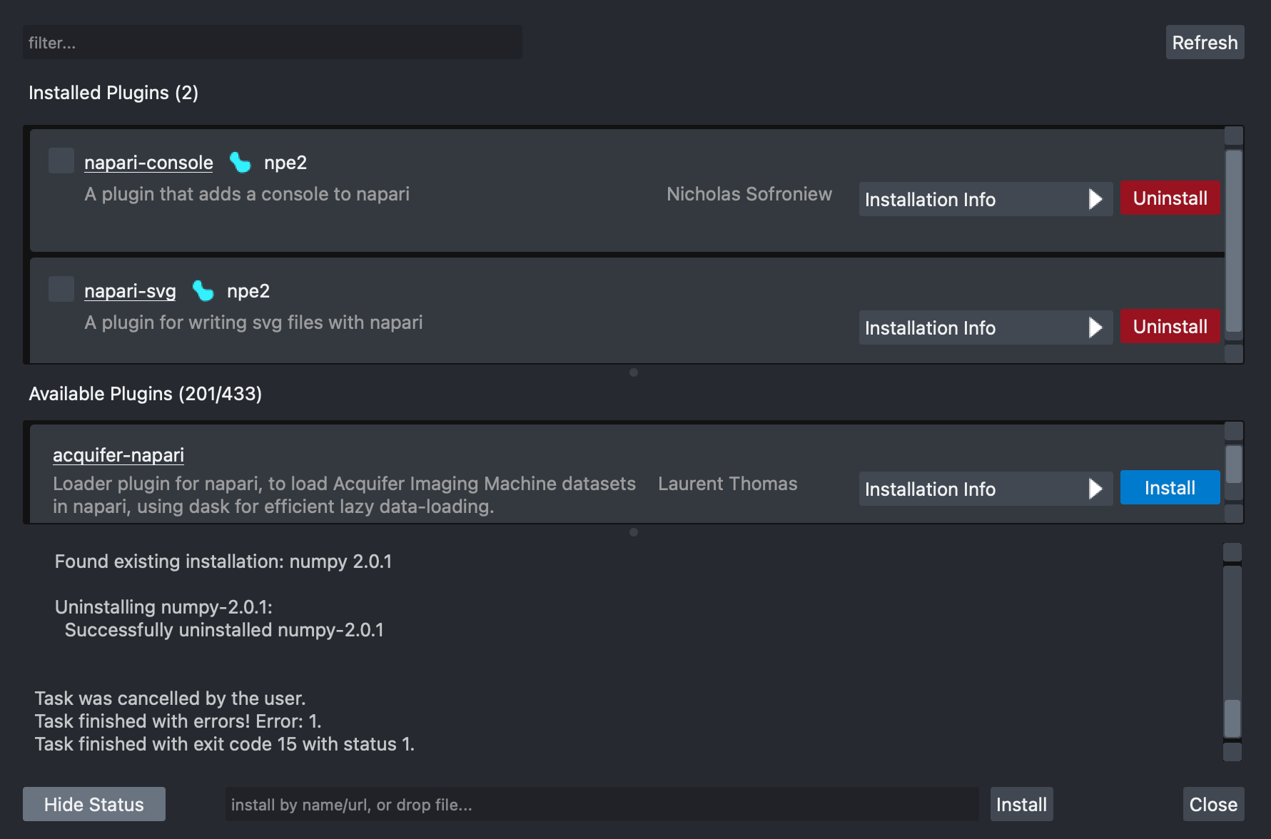 Screenshot of the napari-plugin-manager interface showcasing the status information, which is initially hidden by default.