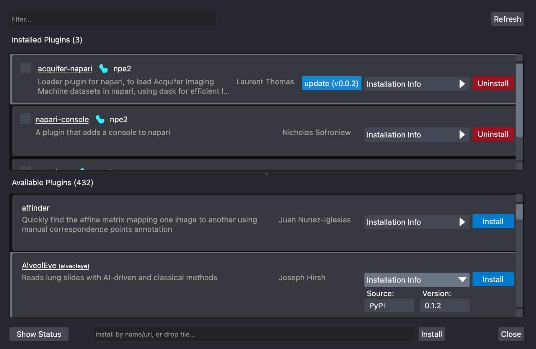 Screenshot of the napari-plugin-manager showing the process of updating a plugin