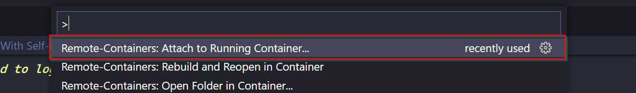 command in VS Code to attach it to a running container