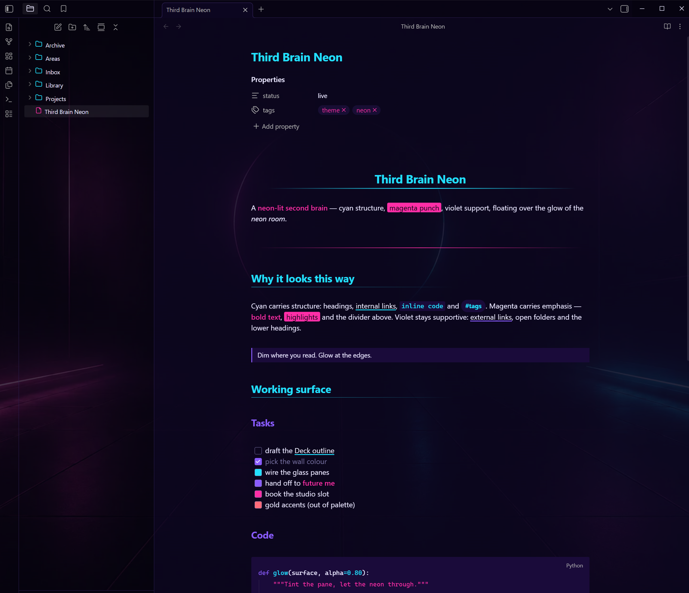 Editing in Third Brain Neon — glass panes over the neon room