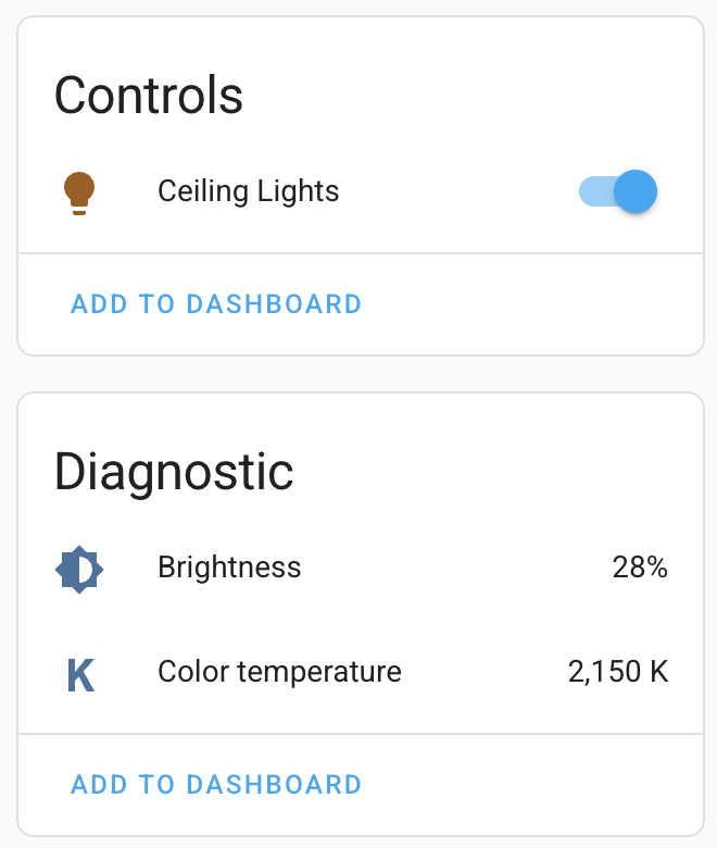 Shows the original light entity and newly added diagnostic sensors