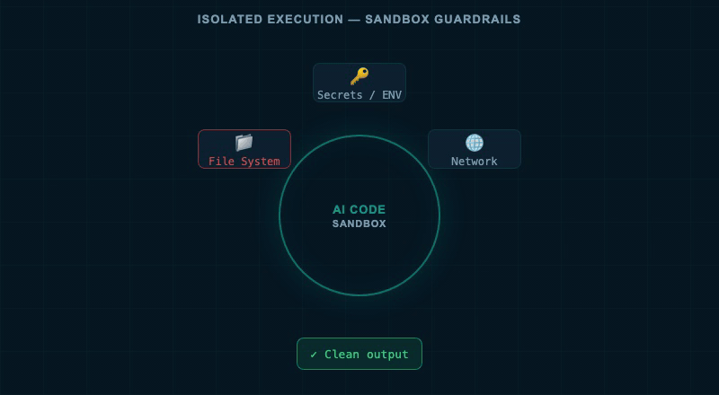 AI-generated code entering an isolated sandbox. File system access blocked. Network access blocked by default. Clean output returned.