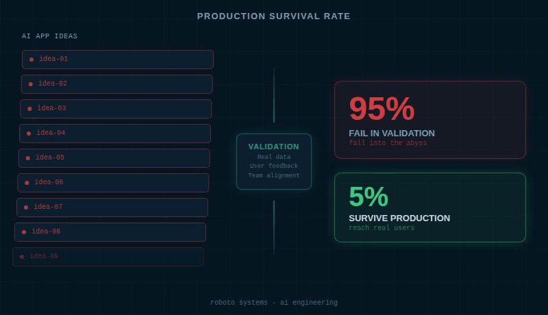 Animated funnel showing AI app ideas entering from the left and only 5% surviving as live products