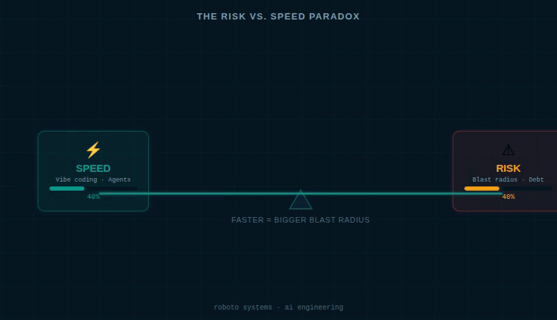 Animated seesaw showing speed and risk on opposite ends — as speed increases, the risk meter climbs to danger zone