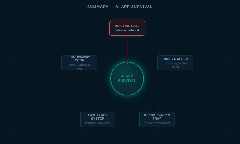 Mind map with AI App Survival at center, connecting to five concept nodes: 95% Fail Rate, Risk vs Speed, Blank Canvas Trap, Two-Track System, and Throwaway Code