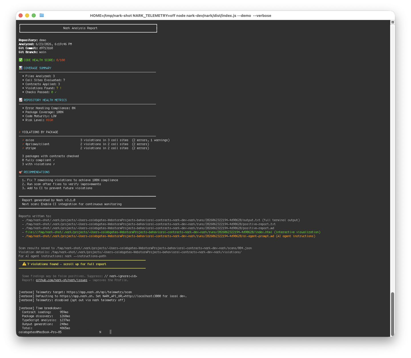 Preview: verbose Analysis Report with coverage summary, repository health metrics, violations by package, and recommendations