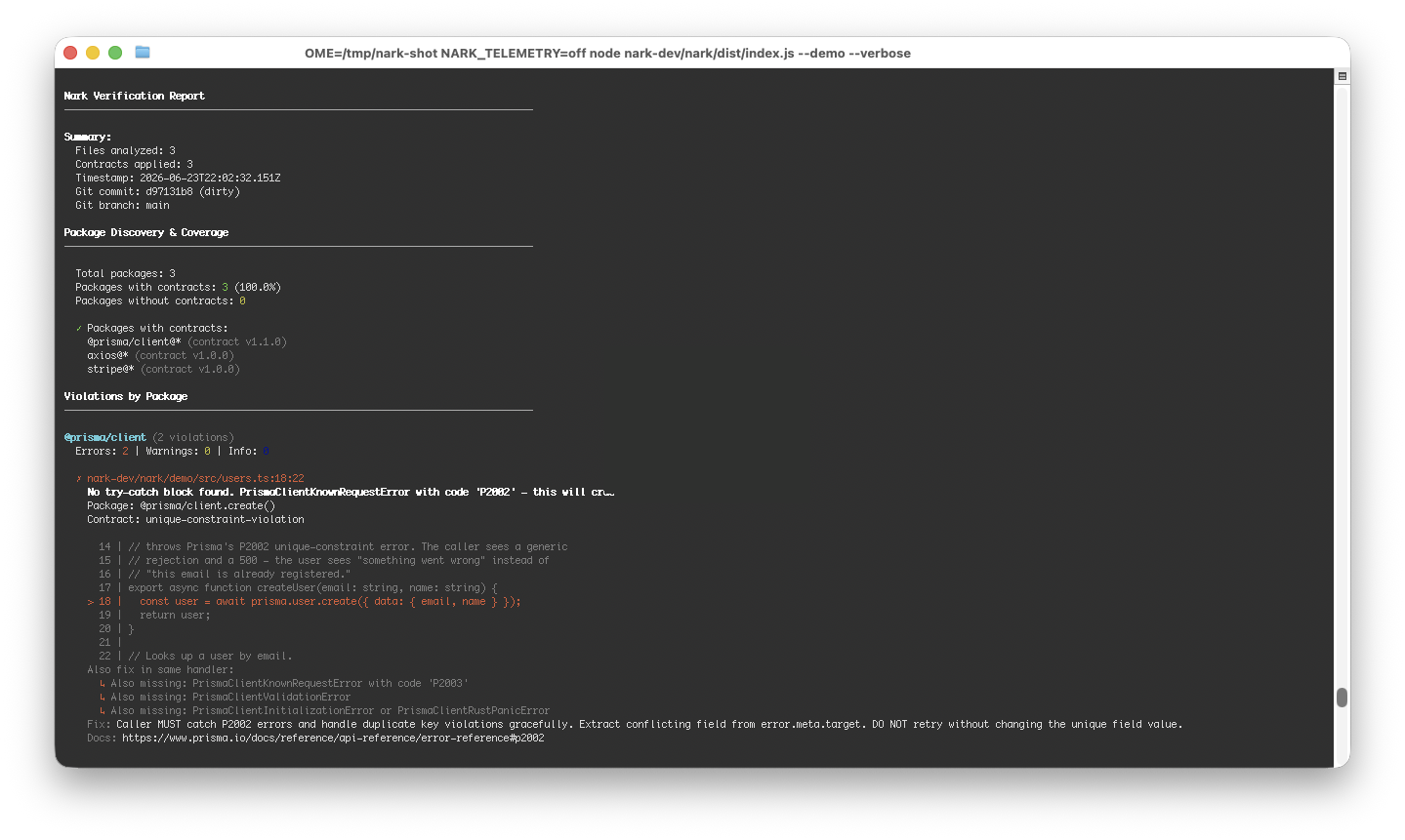 Preview: verbose Verification Report with per-violation code snippets, sources, and fix guidance