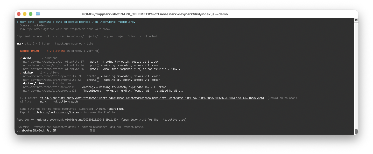Example nark output: three violations against axios, stripe, and @prisma/client