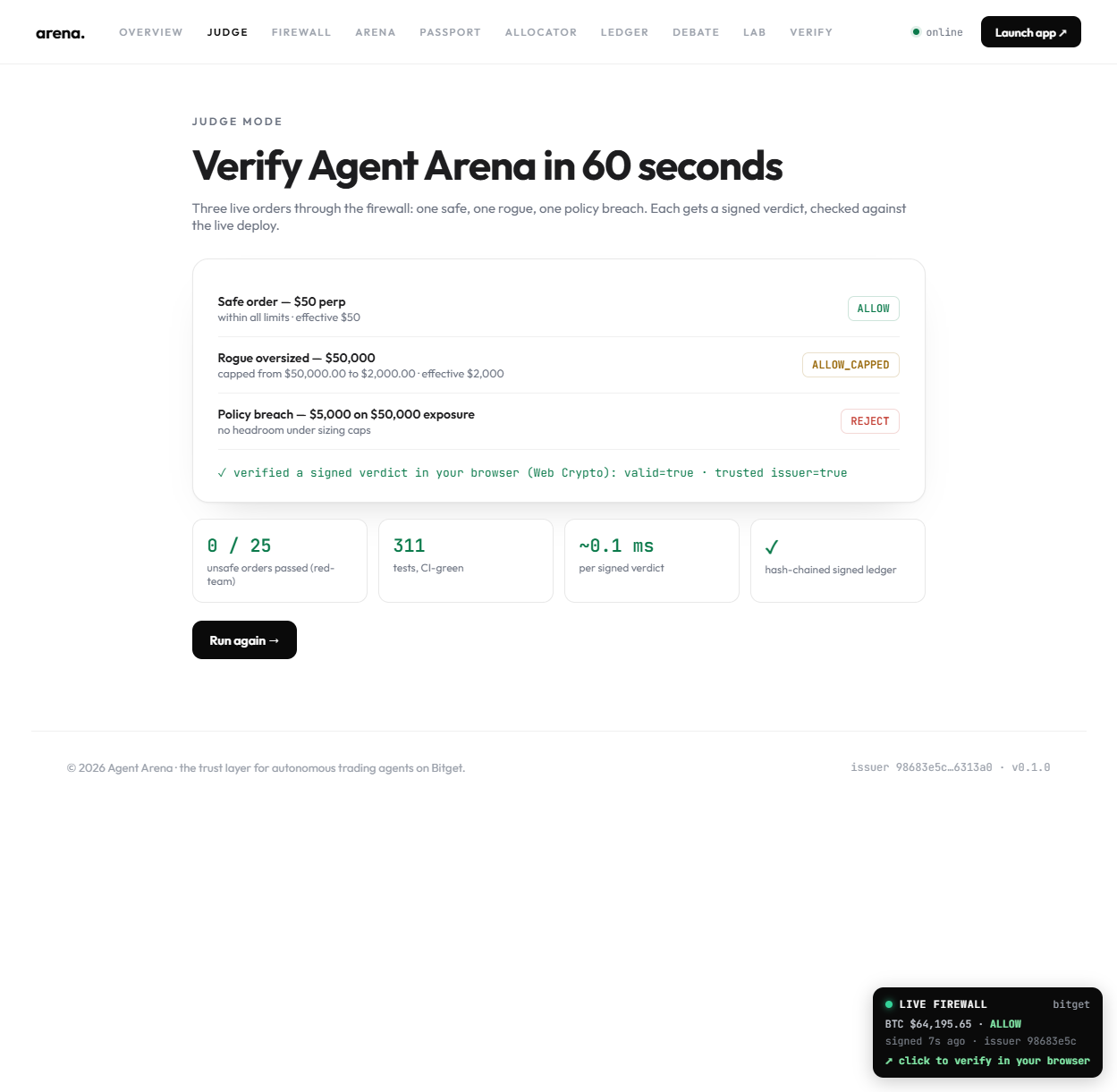 Judge Mode: verify Agent Arena in 60 seconds