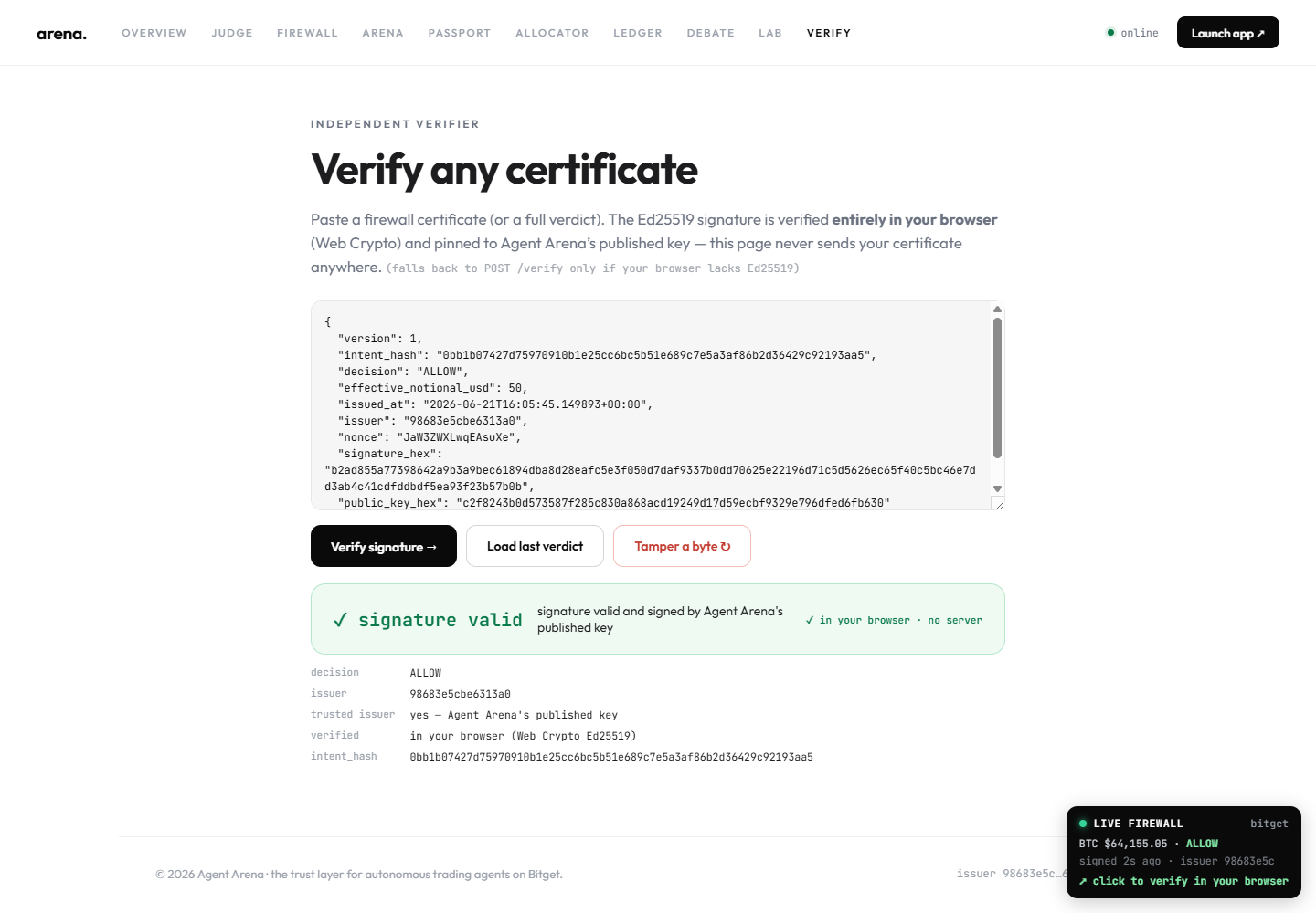 Verify any certificate in the browser: signature valid, signed by the published key