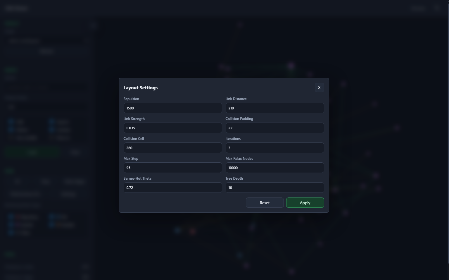 CGA graph viewer layout settings over the graph canvas