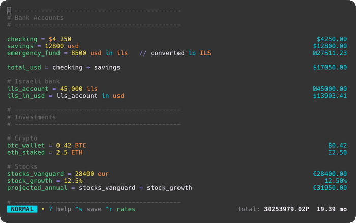 numr TUI demo - calculations with variables, units, currencies, and continuation