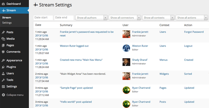 Every logged-in user action is logged in the activity stream and organized for easy filtering and searching.