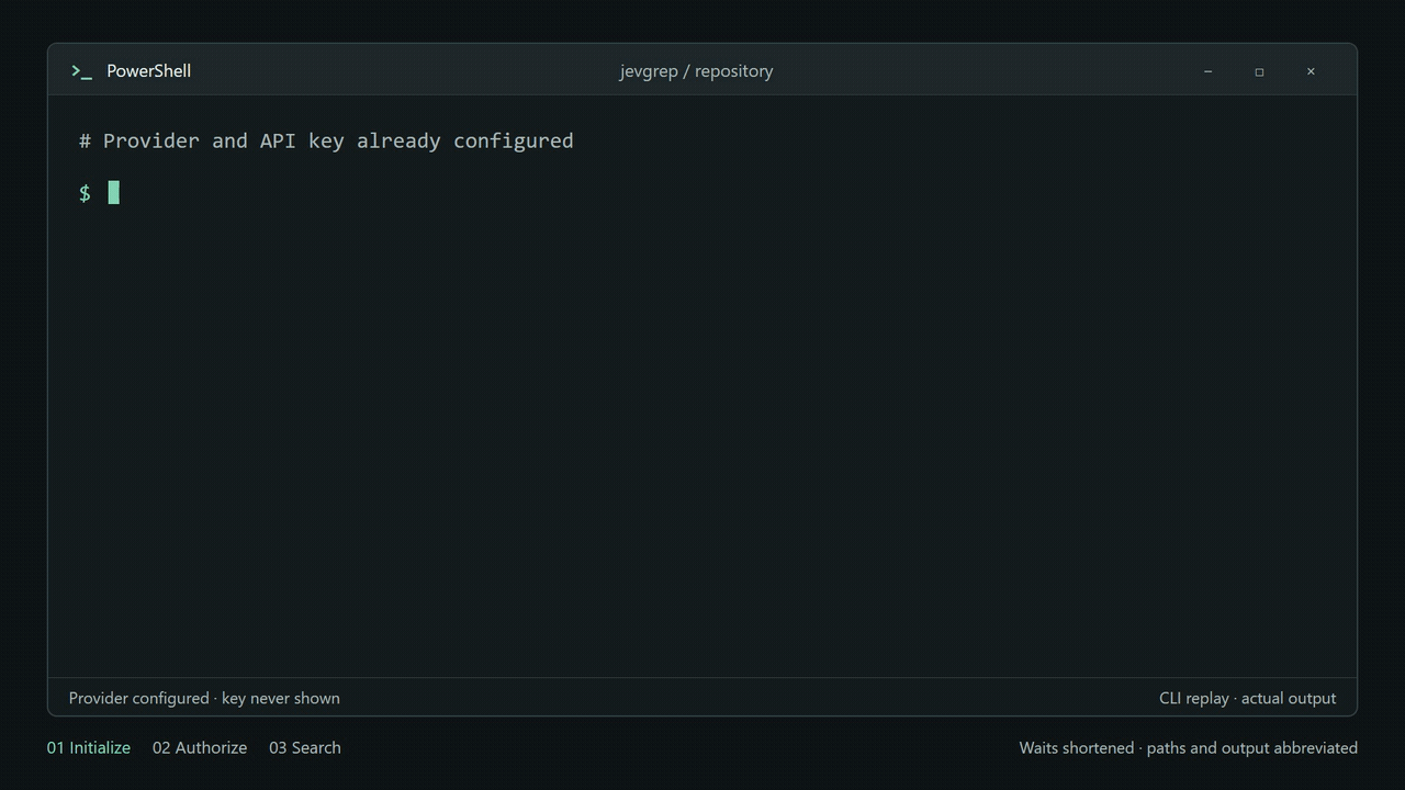 Initialize JevGrep, approve remote evaluation, and search source code from the terminal